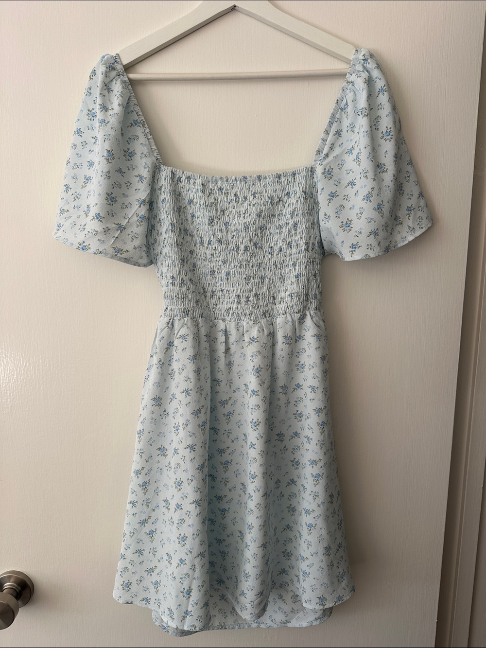 Princess Polly Pastel Blue Floral Smocked Puff-Sleeve Mini Dress